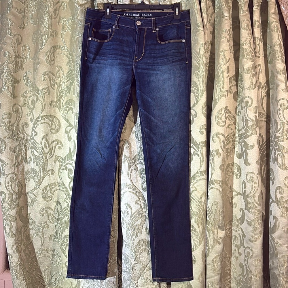American Eagle Dark Denim White Washed Straight Jeans Size 12 long